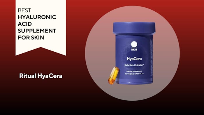 An image of a bottle of Ritual HyaCera against a red background.